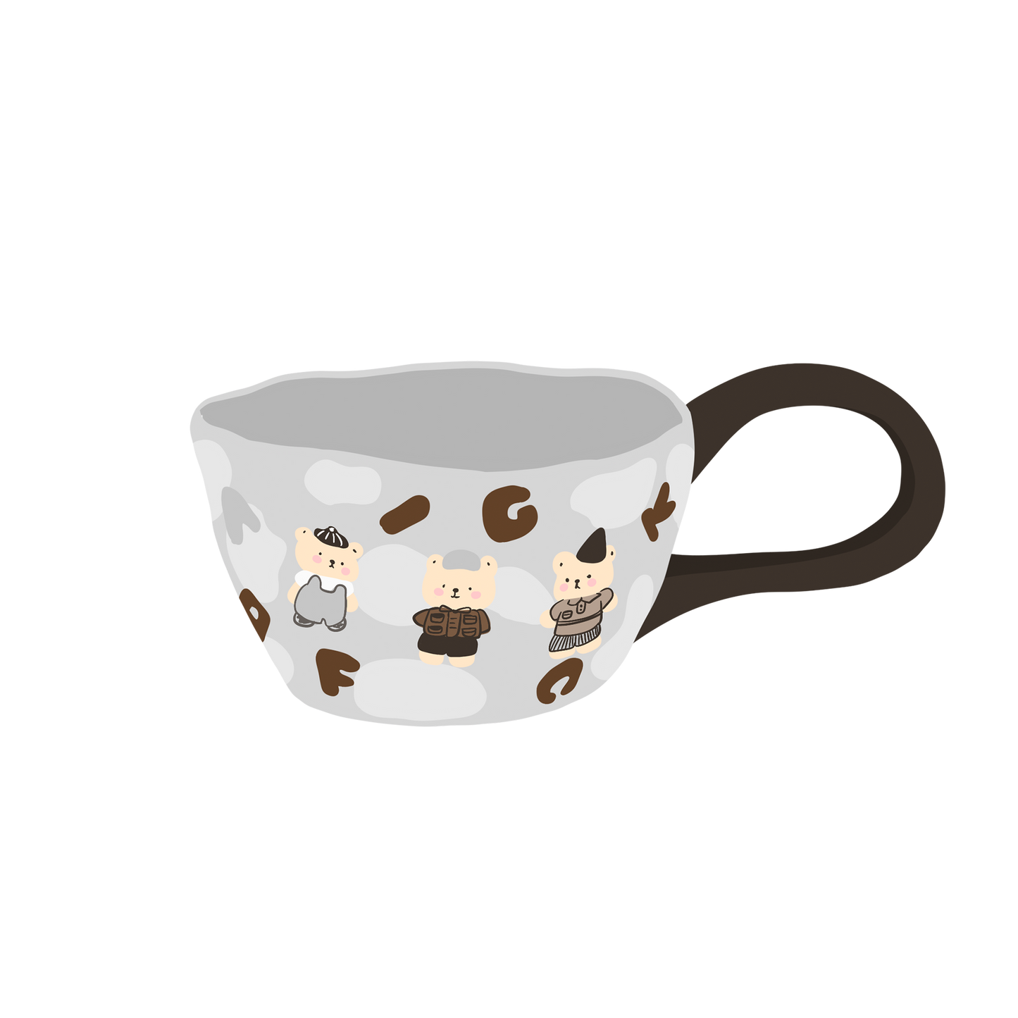 a grey bear and letter patterned ceramic mug with black big loop handle illustration
