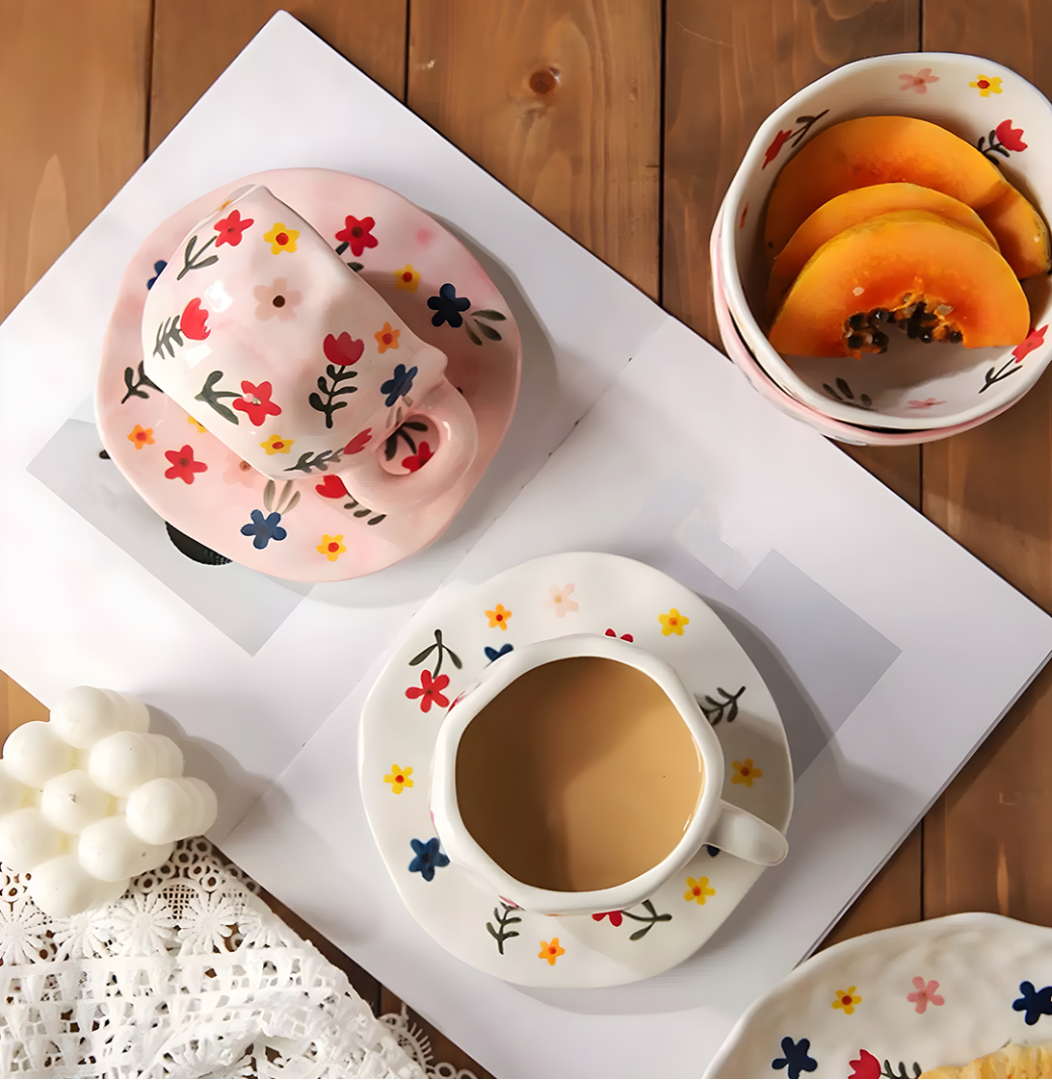 a ceramic pink based mug with multiple red, yellow and blue flowers and green stems on it and a saucer, with a same mug but white based on top of a book, coffee in the mug and papaya on the side, everything on a wood surface