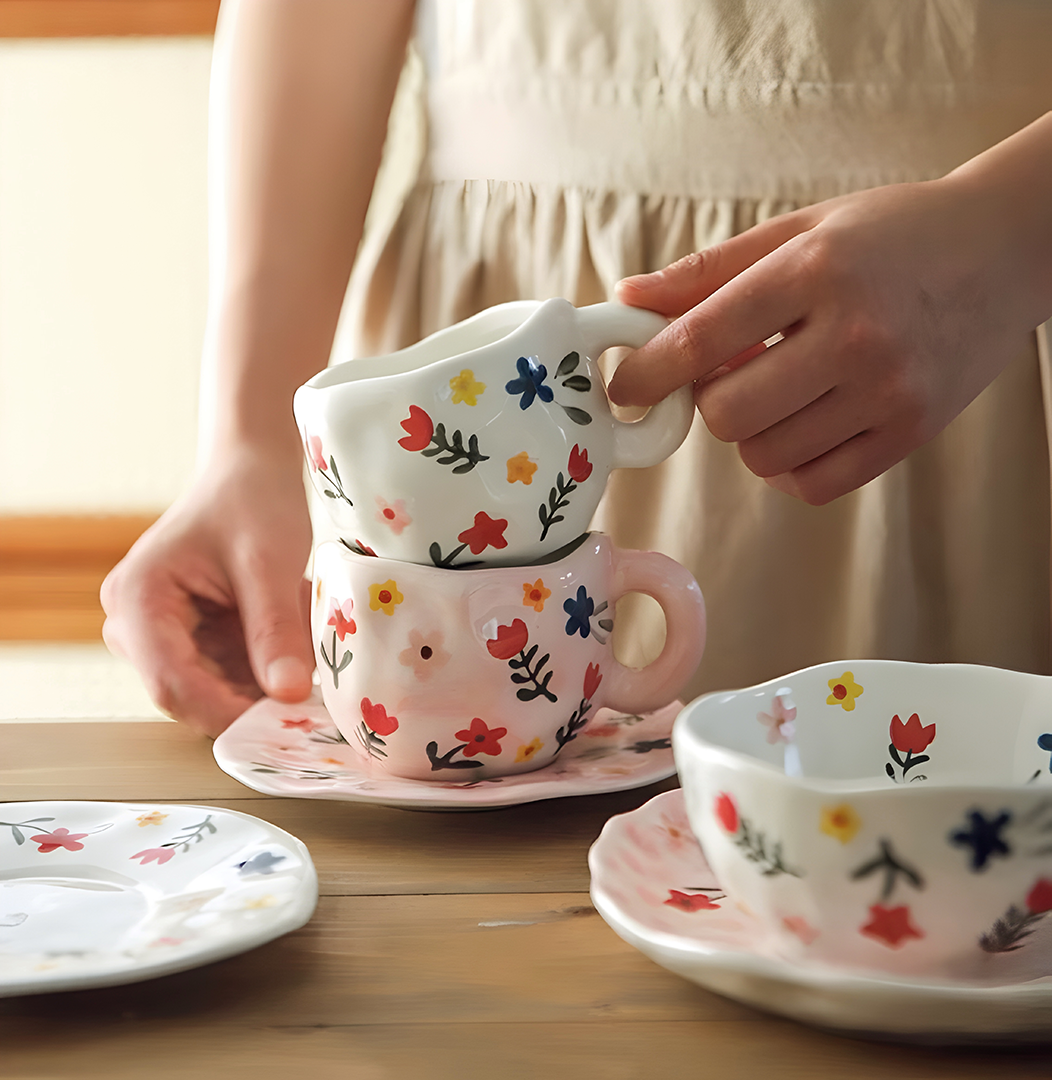 a person holding the white based mug with red blue pink yellow flowers and green stems on it, stacking on the same mug in pink; a same pattern bowl and dish in the foreground