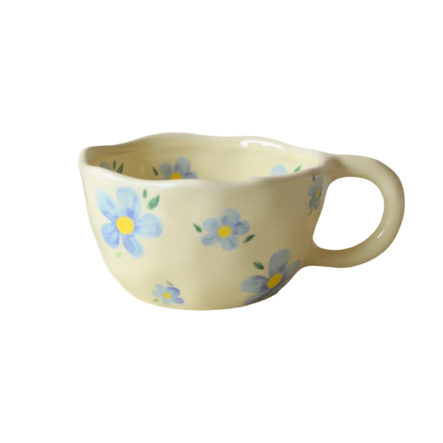 a cream based ceramic mug with blue flower pattern product
