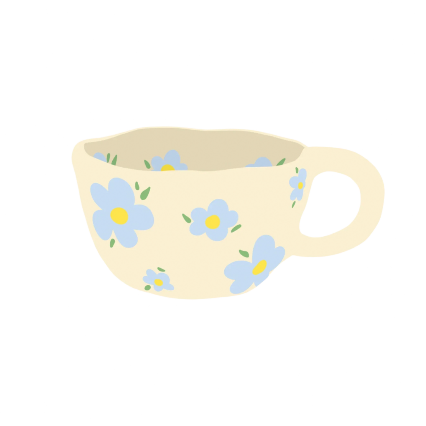 a cream based ceramic mug with blue flower pattern illustration