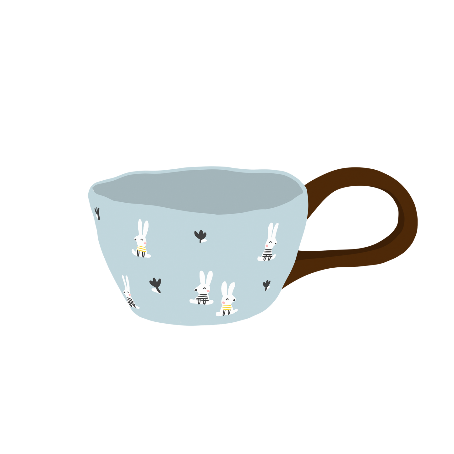 a blue bunny and tulip patterned ceramic mug with brown big loop handle illustration