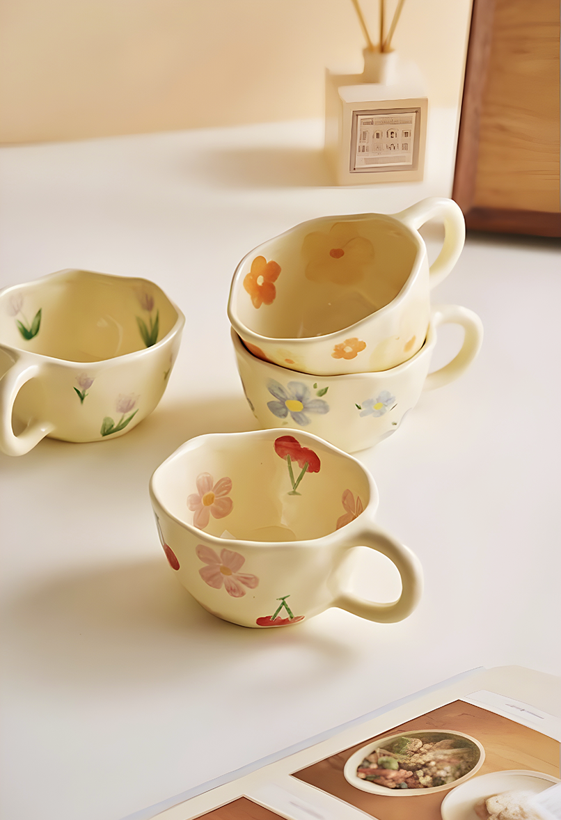 a ceramic cream based mug with red cherry and pink flowers pattern on a surface with three other similar mugs but in different pattern like blue flowers, yellow and orange flowers and purple tulips behind, in the background, a air freshening diffuser sitting on the surface