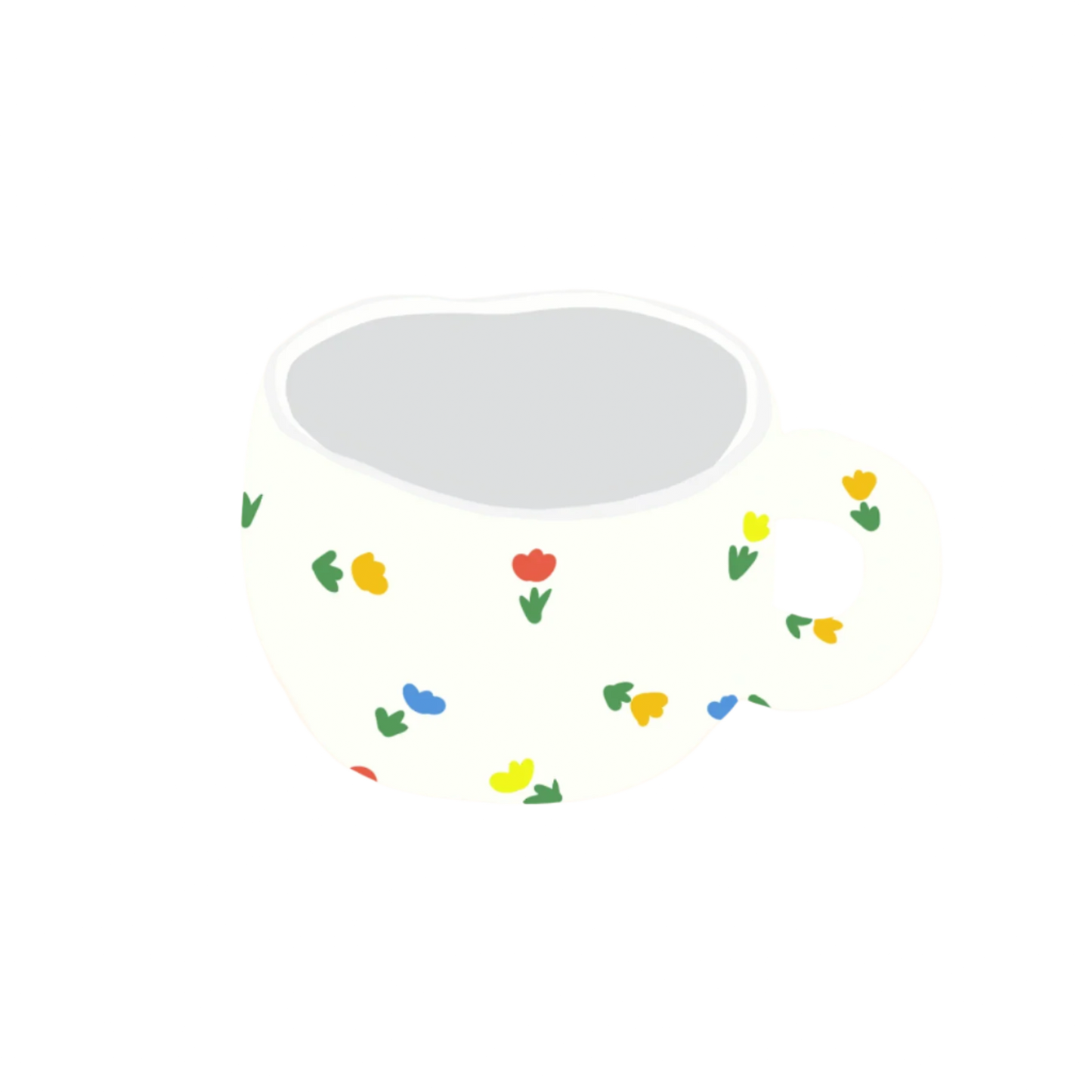 a ceramic white based mug with multiple small sparkles of red, yellow and blue flowers and green stems on it illustration