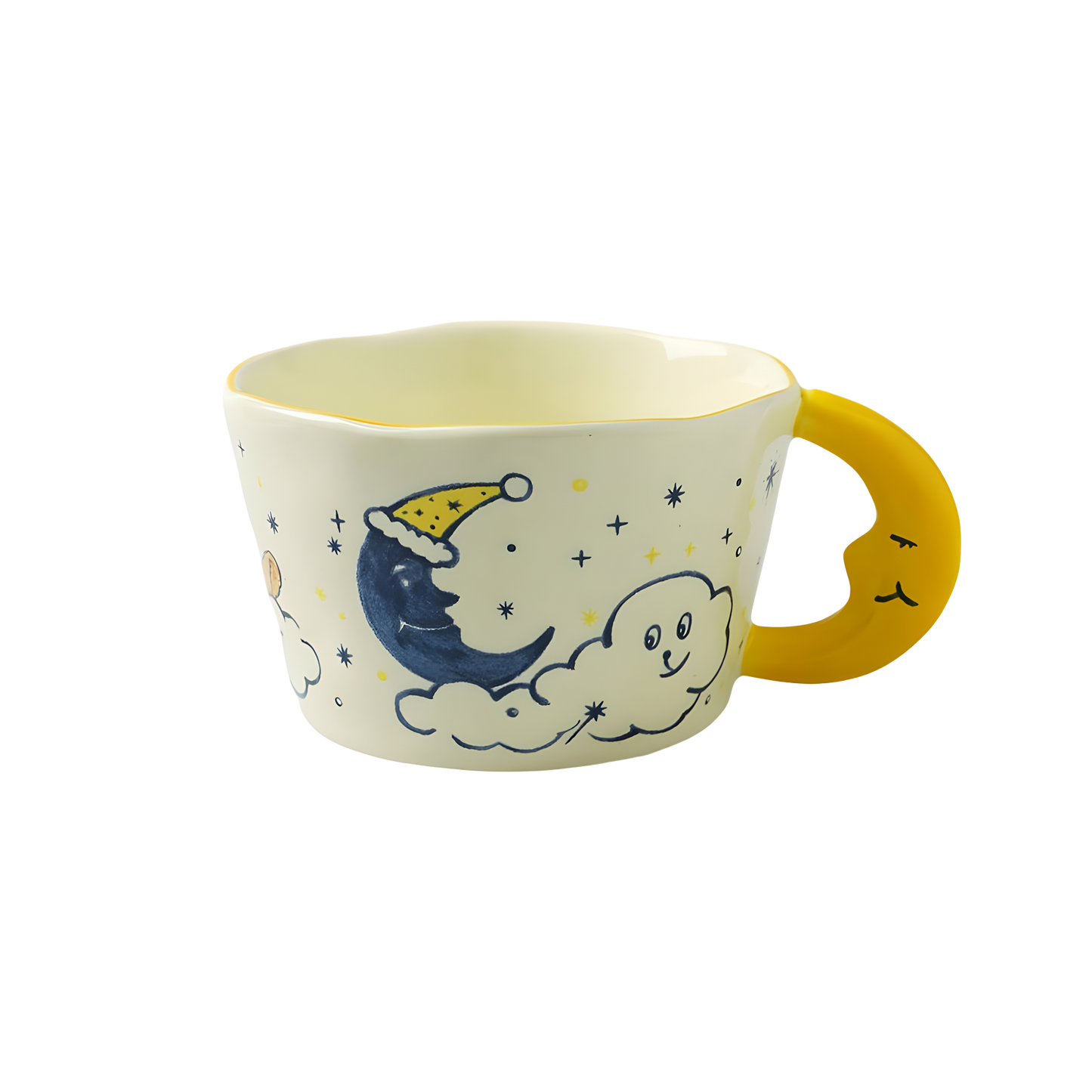 a moon shaped handle cearmic mug with blue moon, cloud, a dog and stars product