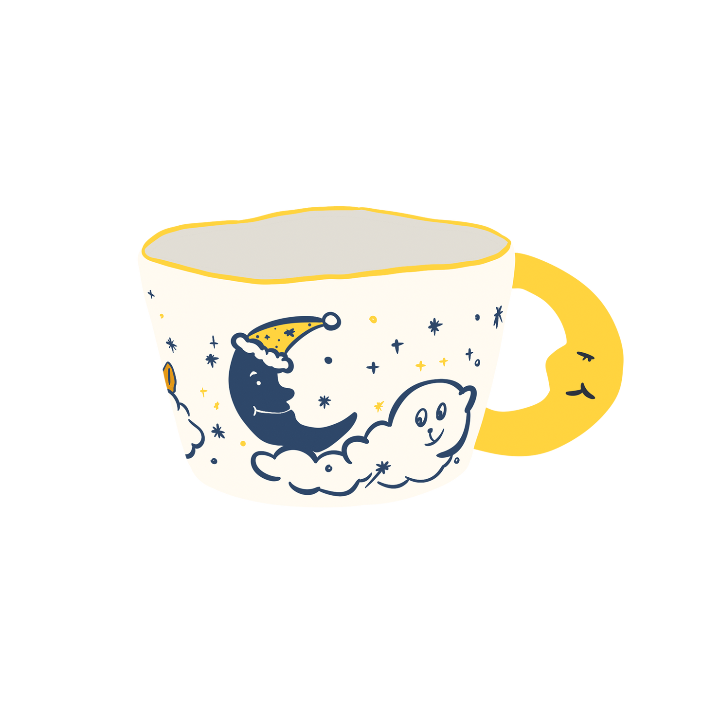 a moon shaped handle cearmic mug with blue moon, cloud, a dog and stars illustration