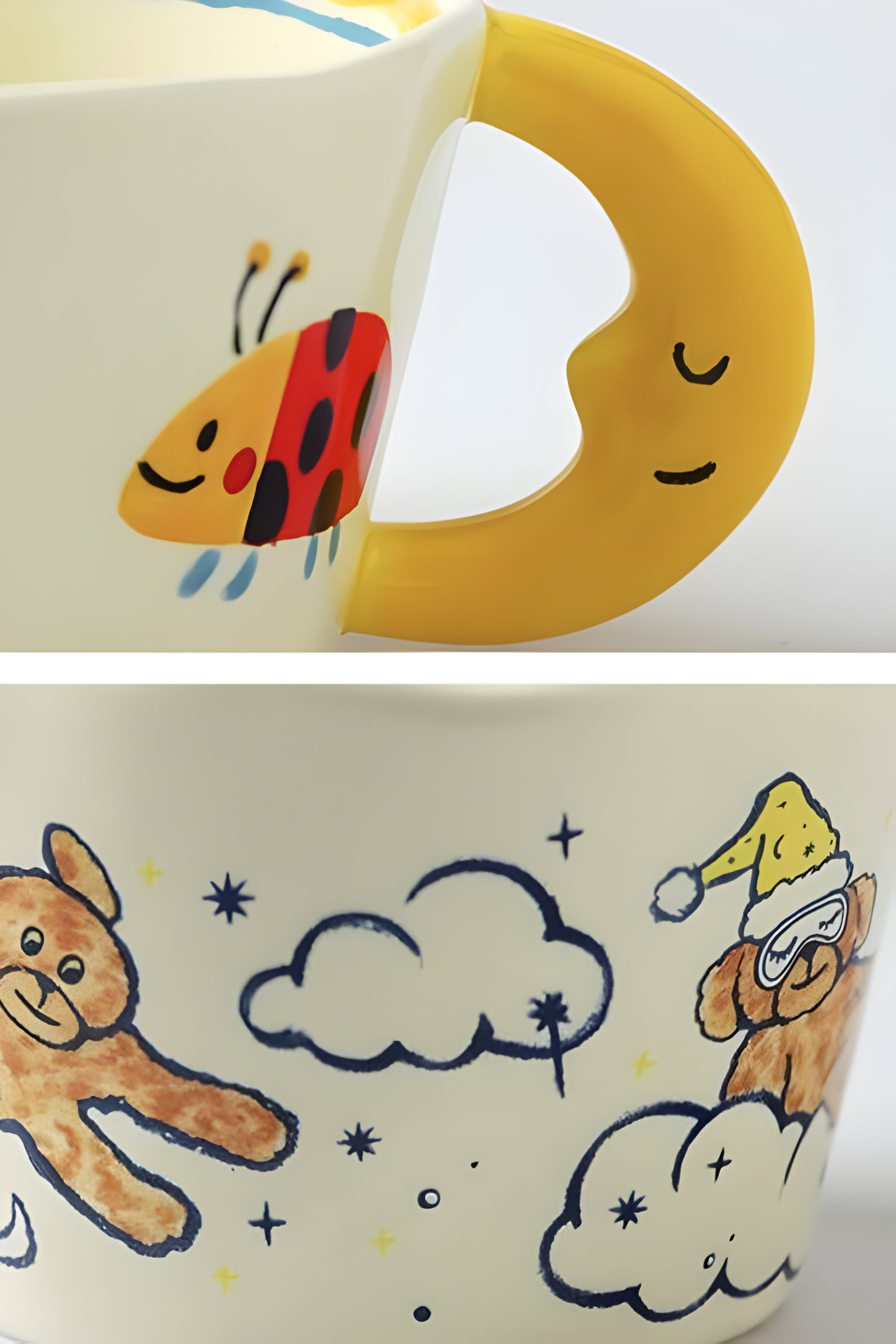 a detail photo of moon mug handle and prints