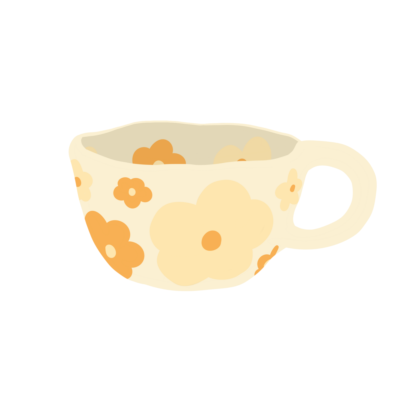 a cream based ceramic mug with yellow and orange flower pattern illustration