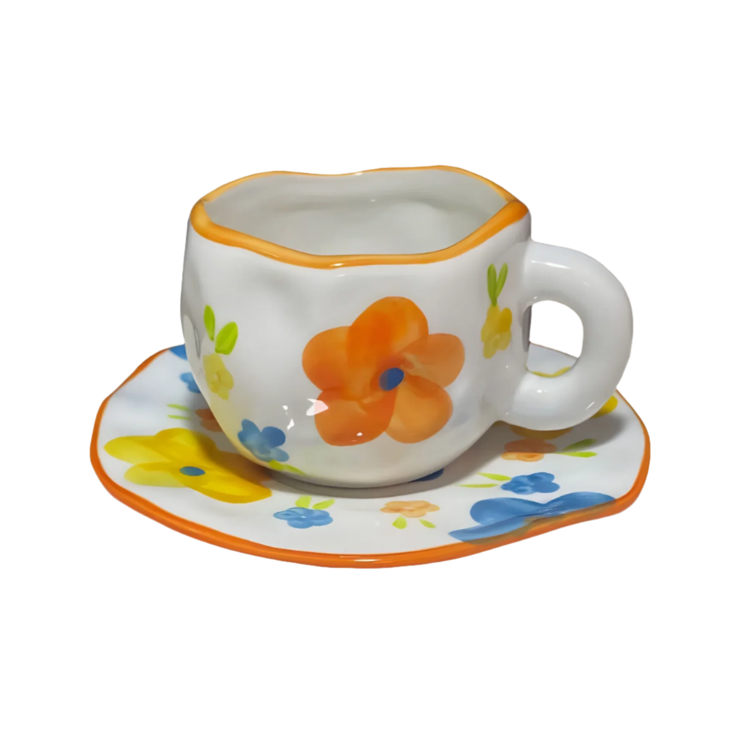ceramic orange flower mug with saucer product