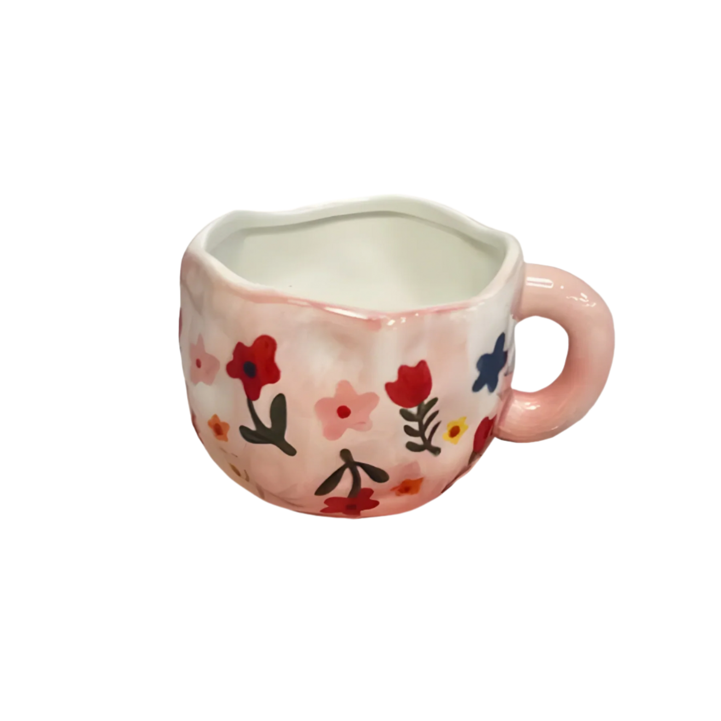 a ceramic pink based mug with multiple red, yellow and blue flowers and green stems on it illustration