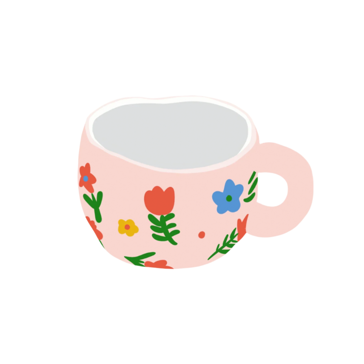 a ceramic pink based mug with multiple red, yellow and blue flowers and green stems on it illustration