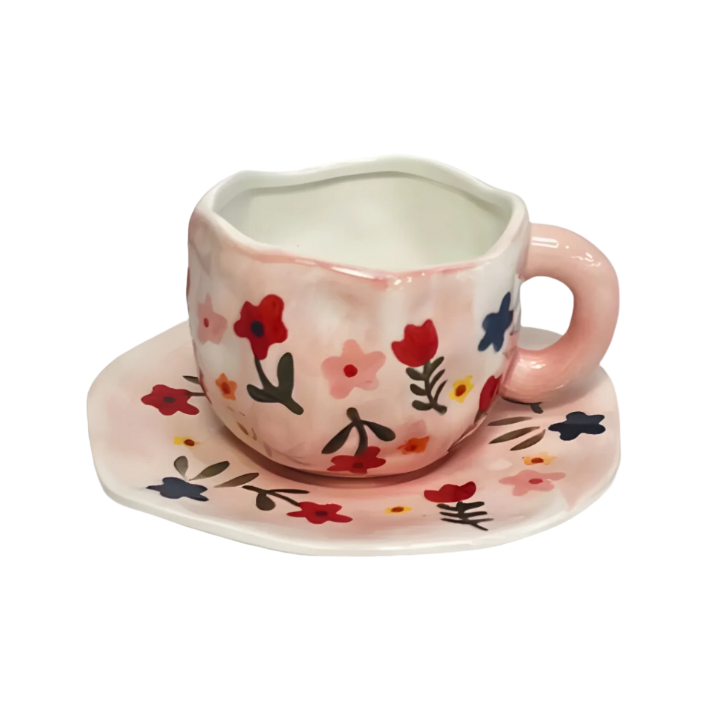 a ceramic pink based mug with multiple red, yellow and blue flowers and green stems on it and a saucer product