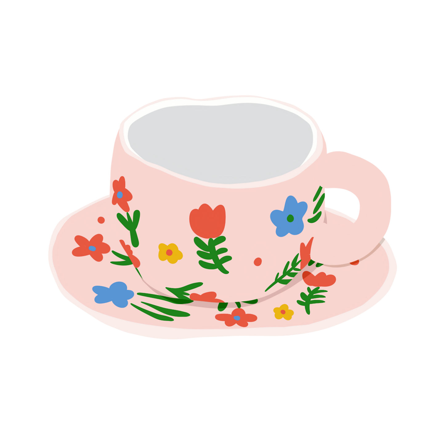 a ceramic pink based mug with multiple red, yellow and blue flowers and green stems on it and a saucer illustration