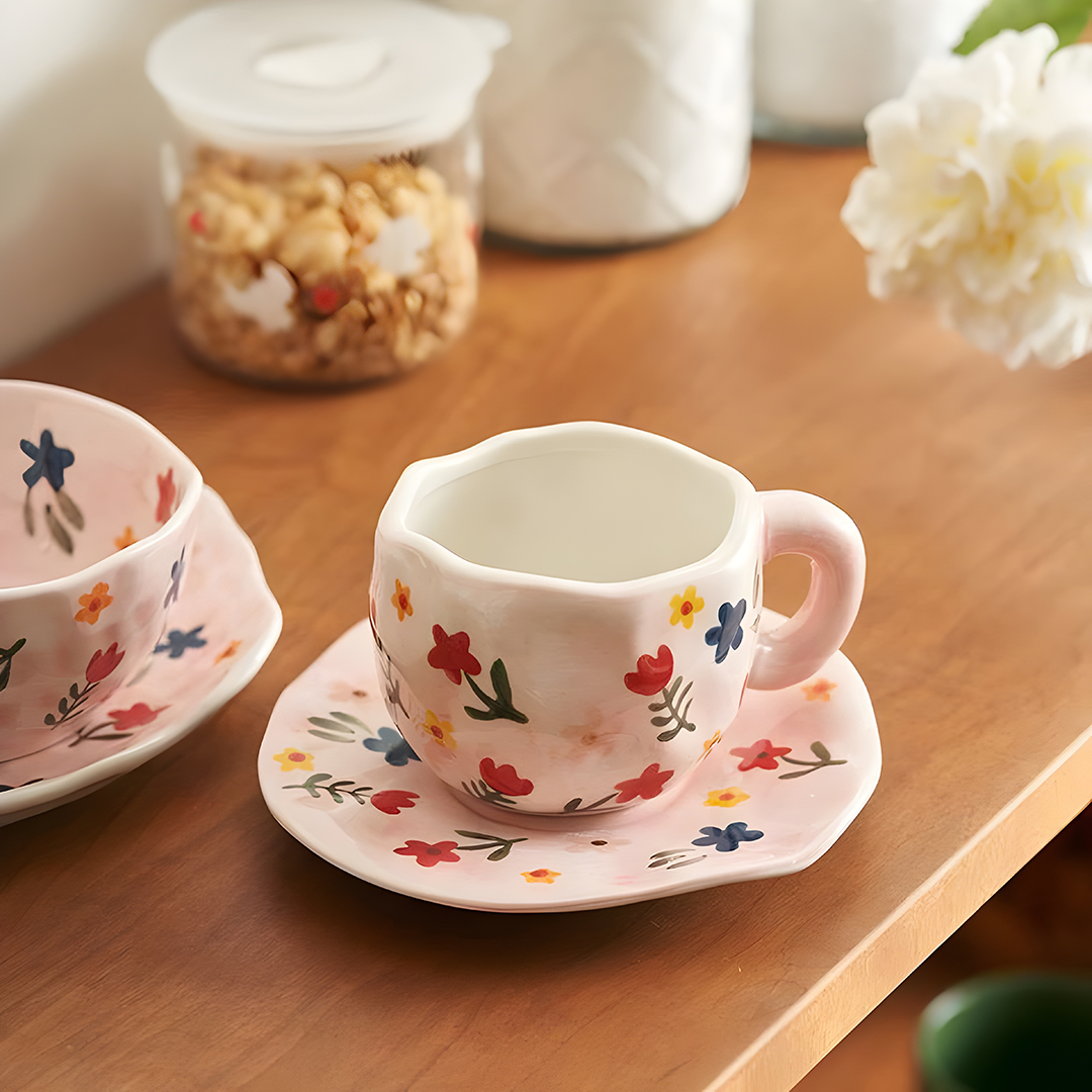 2ceramic pink based mug with multiple red, yellow and blue flowers and green stems on it and a saucer on a wood surface, a white flower and nut jar in the background