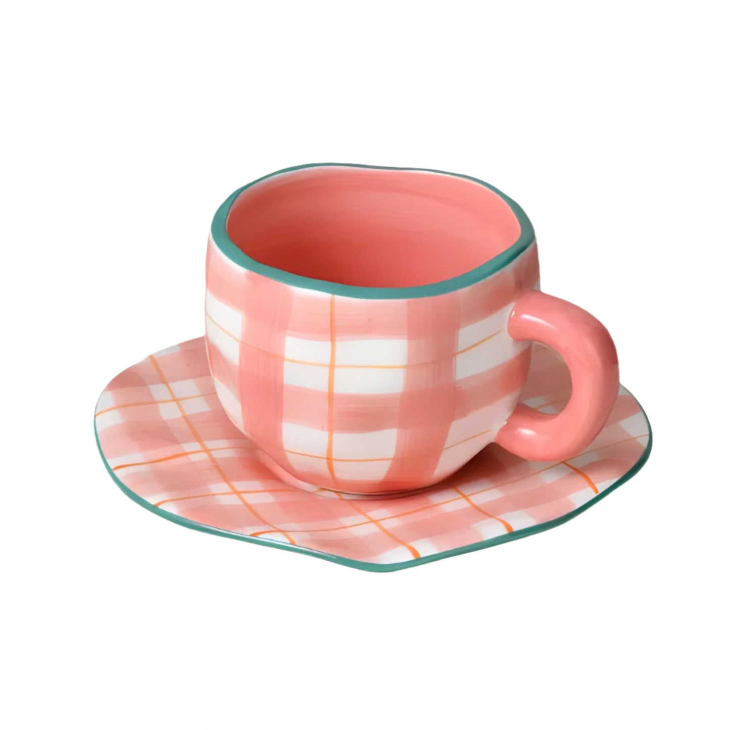 ceramic pink plaid mug with saucer product