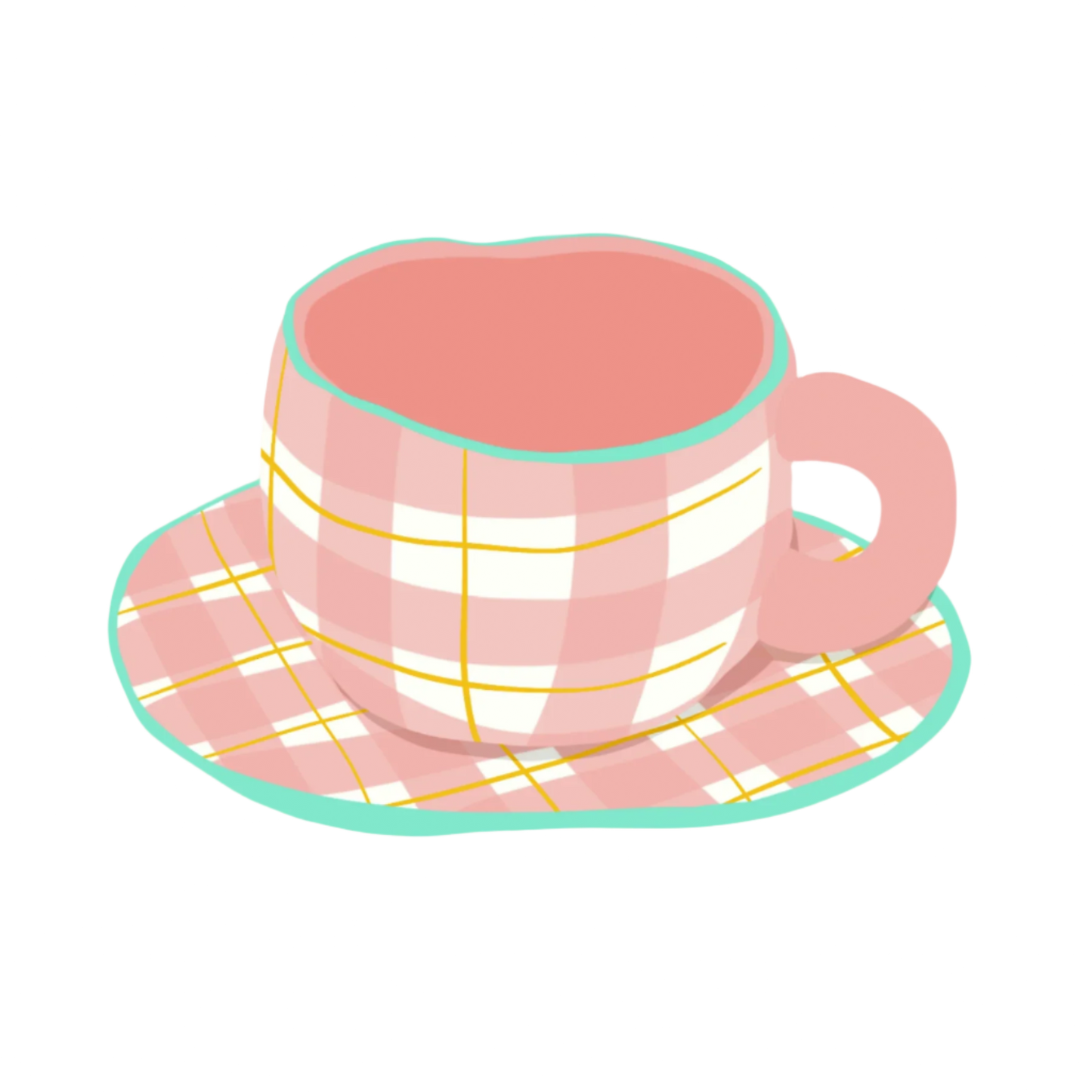 ceramic pink plaid mug with saucer illustration