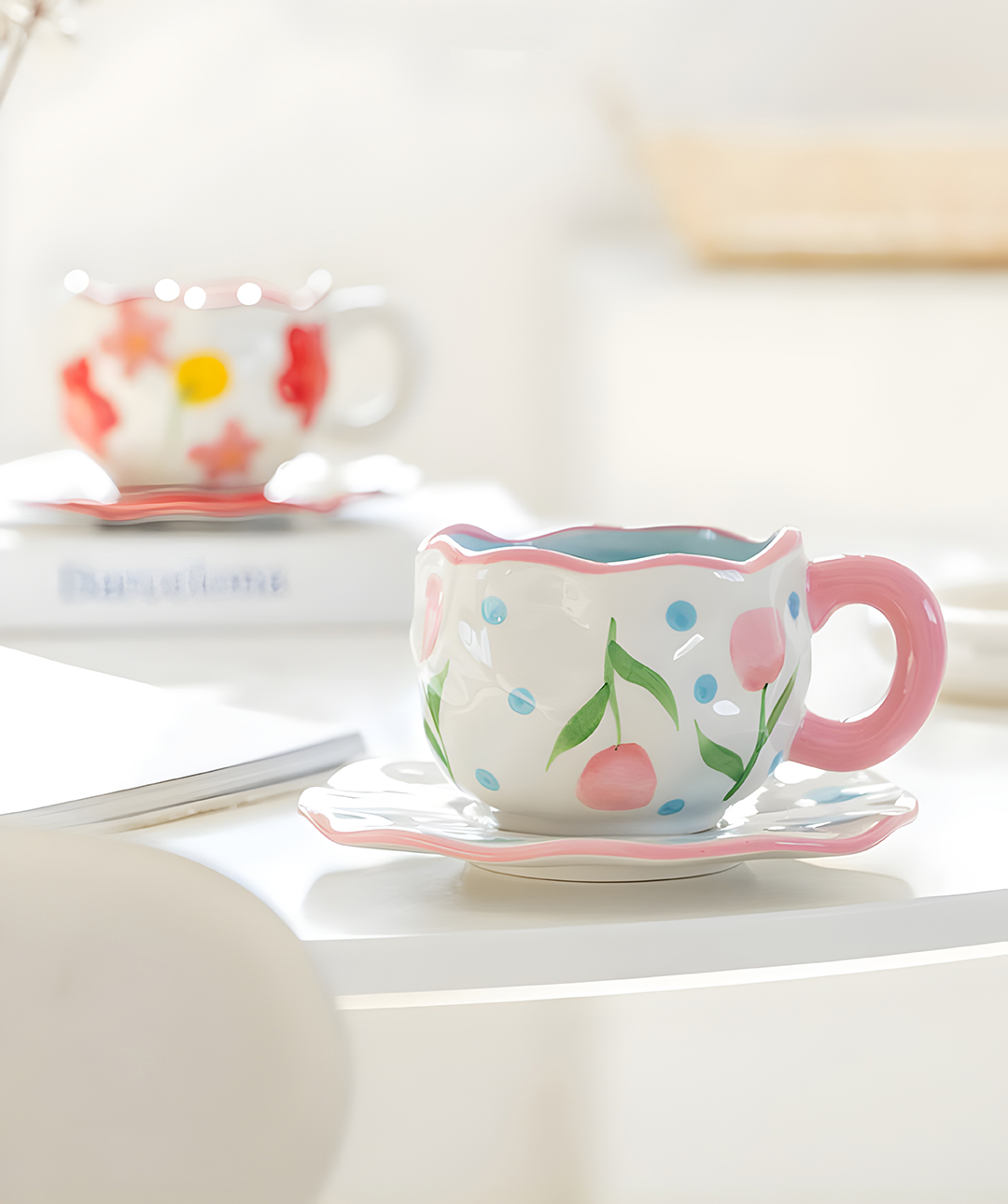 a ceramic pink tulip mug on a white table under bright sunlight