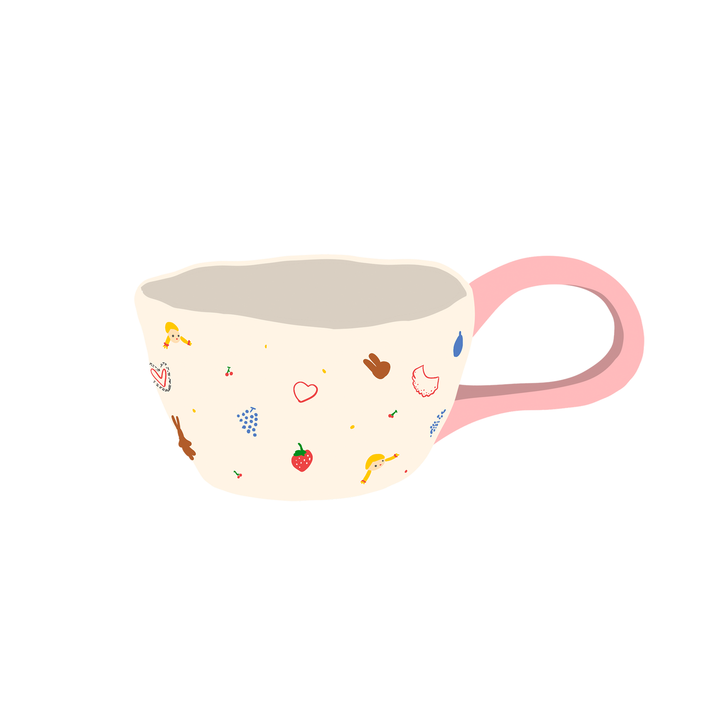a cream based ceramic mug with little girl, red cherry, heart, strawberry, bunny and grape print, a big loop pink handle illustration
