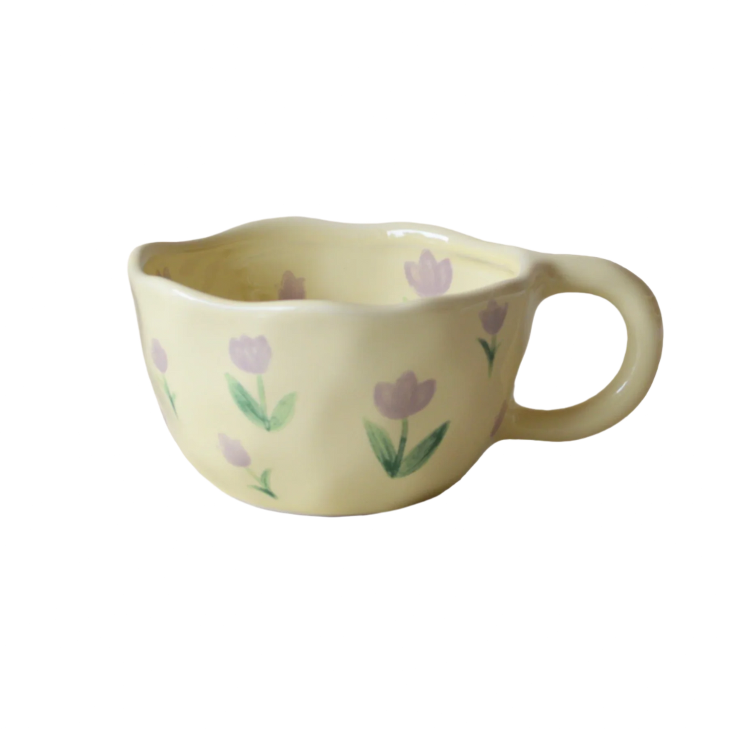 a cream based ceramic mug with purple tulip flower pattern product