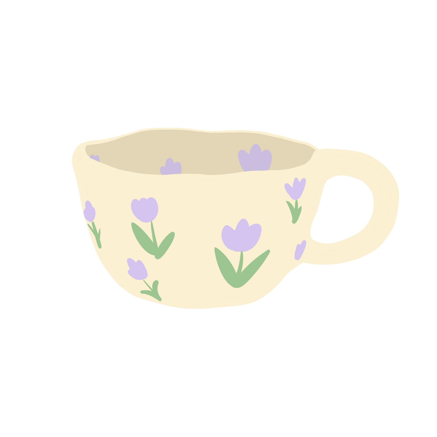 a cream based ceramic mug with purple tulip flower pattern illustration