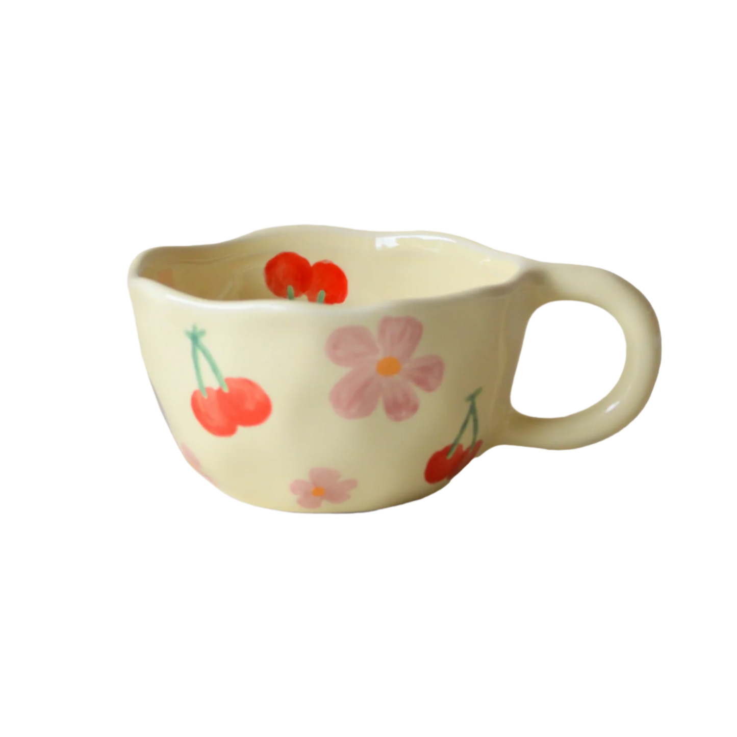 a ceramic cream based mug with red cherry and pink flowers product