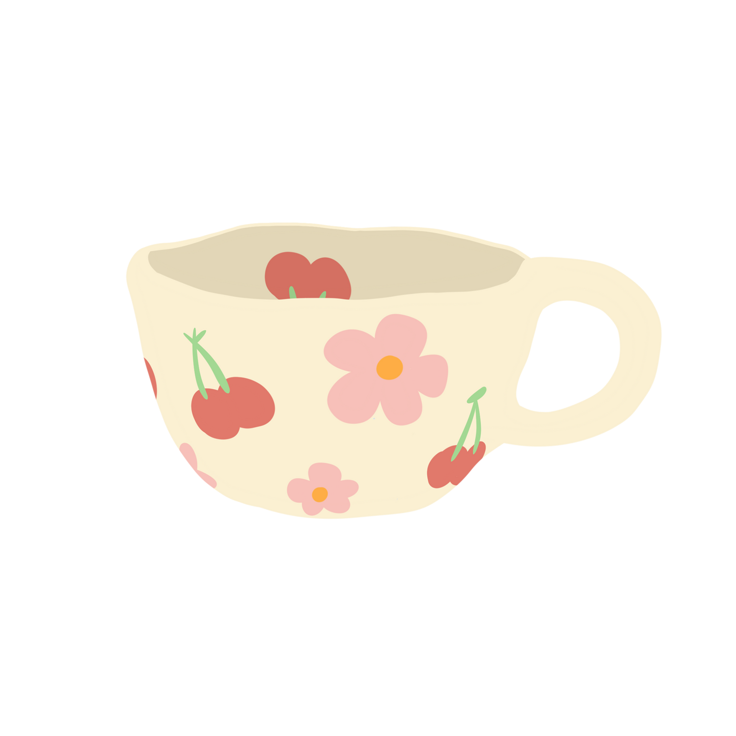 a ceramic cream based mug with red cherry and pink flowers pattern illustration