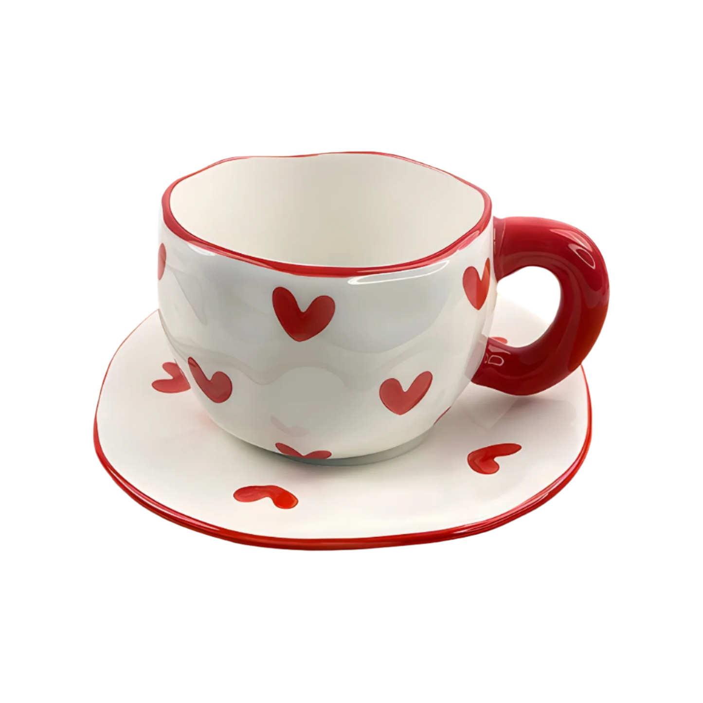 a ceramic red heart mug with saucer product