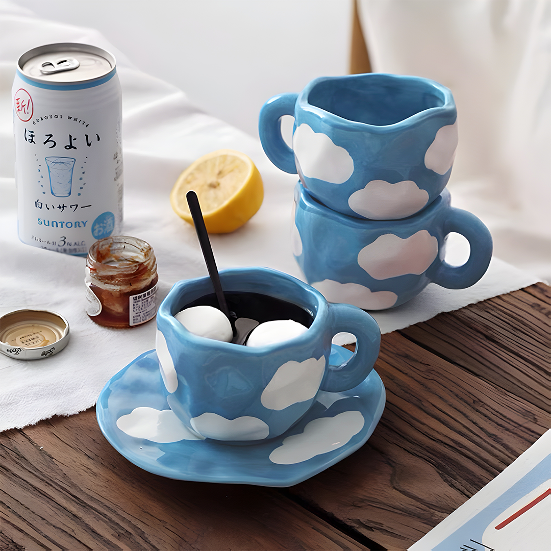 sky mug stacking on the table with coffee and marshmallow aesthetic photo