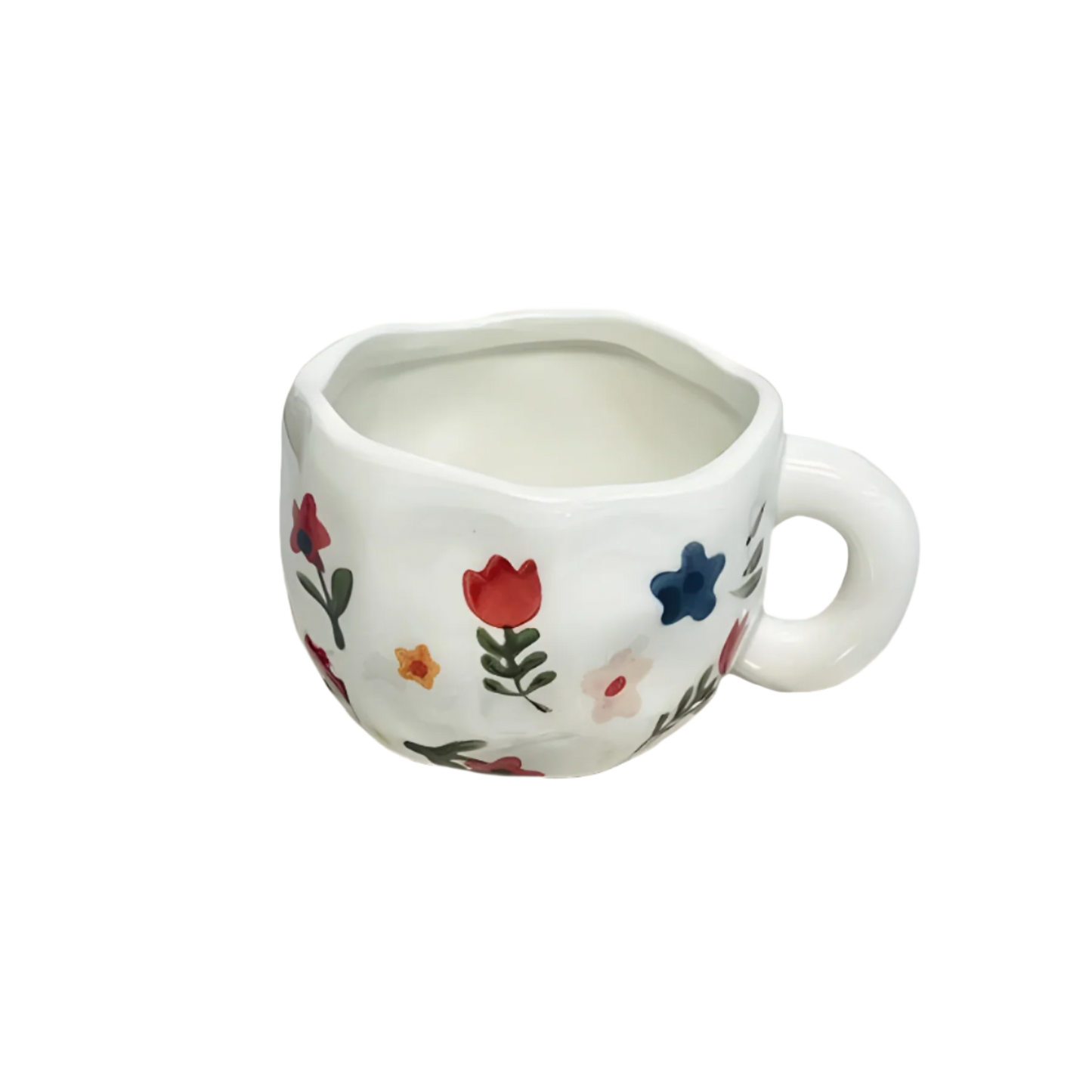 a ceramic white based mug with multiple red, yellow and blue flowers and green stems on it product