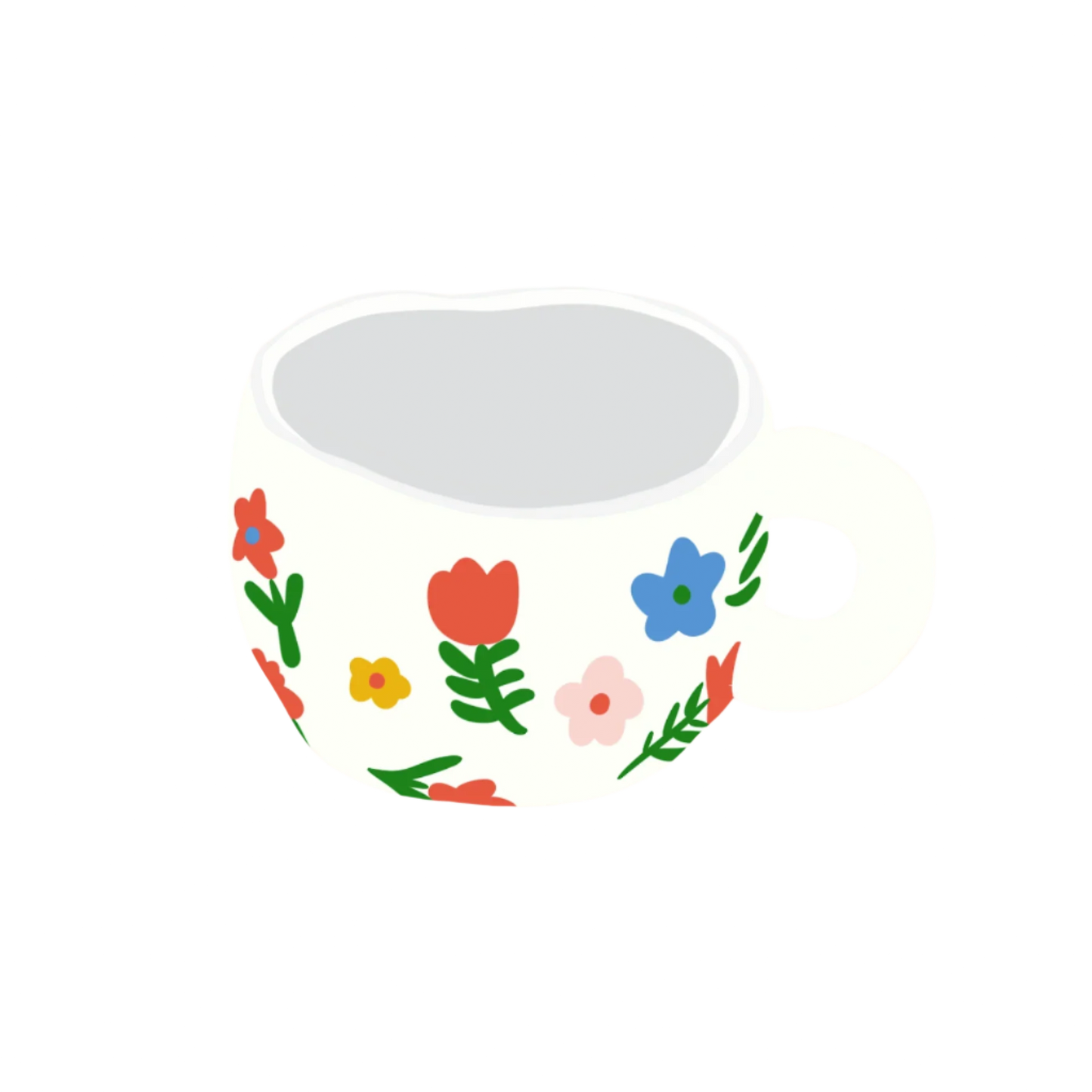 a ceramic white based mug with multiple red, yellow and blue flowers and green stems on it illustration