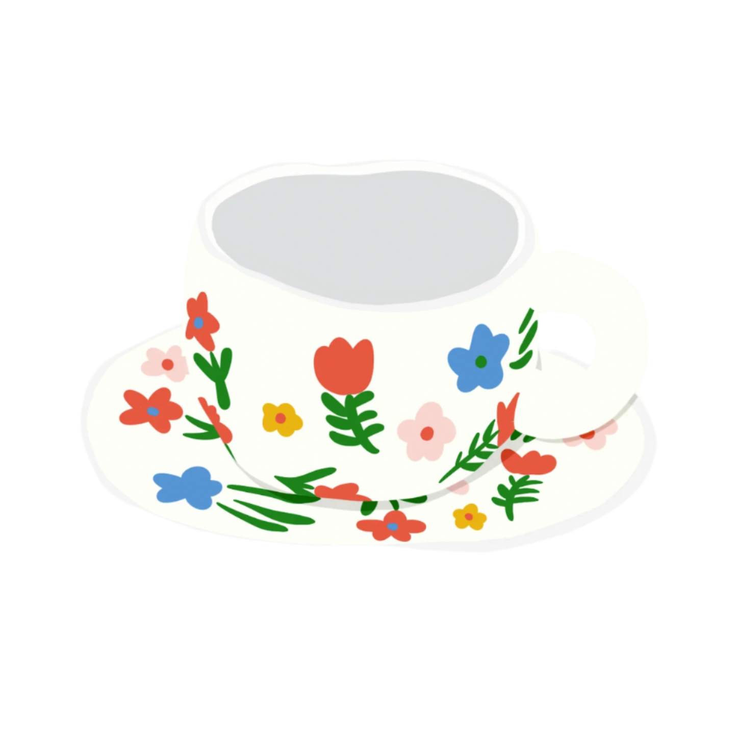 a ceramic white based mug with multiple red, yellow and blue flowers and green stems on it and a saucer illustration