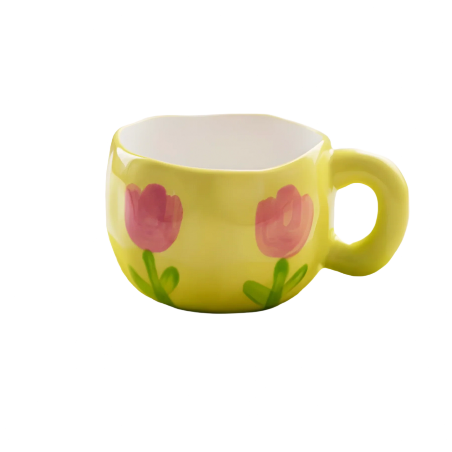 a ceramic yellow base with pink tulip mug product