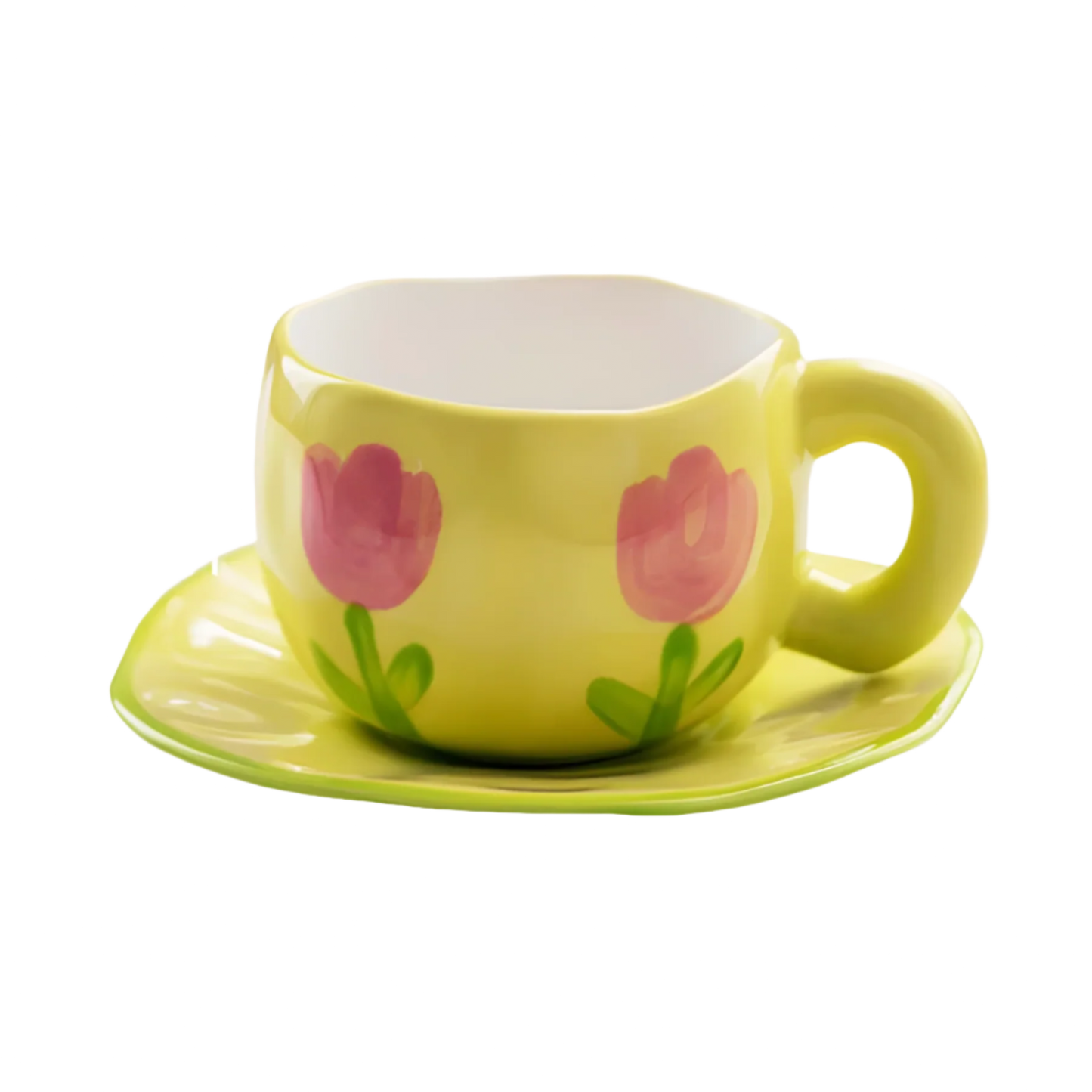 a ceramic yellow base with pink tulip mug and saucer product