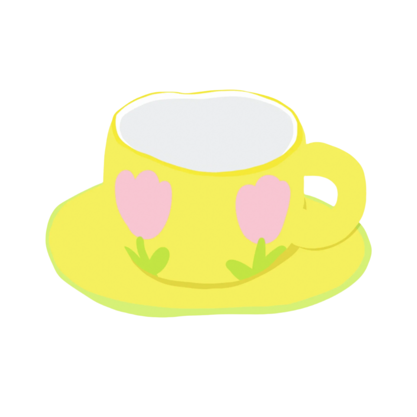 a ceramic yellow base with pink tulip mug and saucer illustration