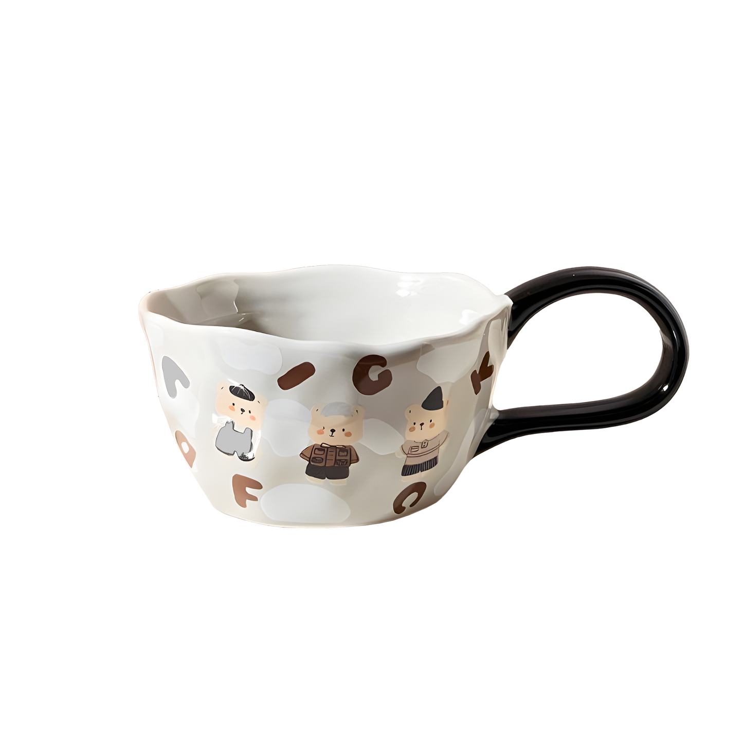 a grey bear and letter patterned ceramic mug with black big loop handle product