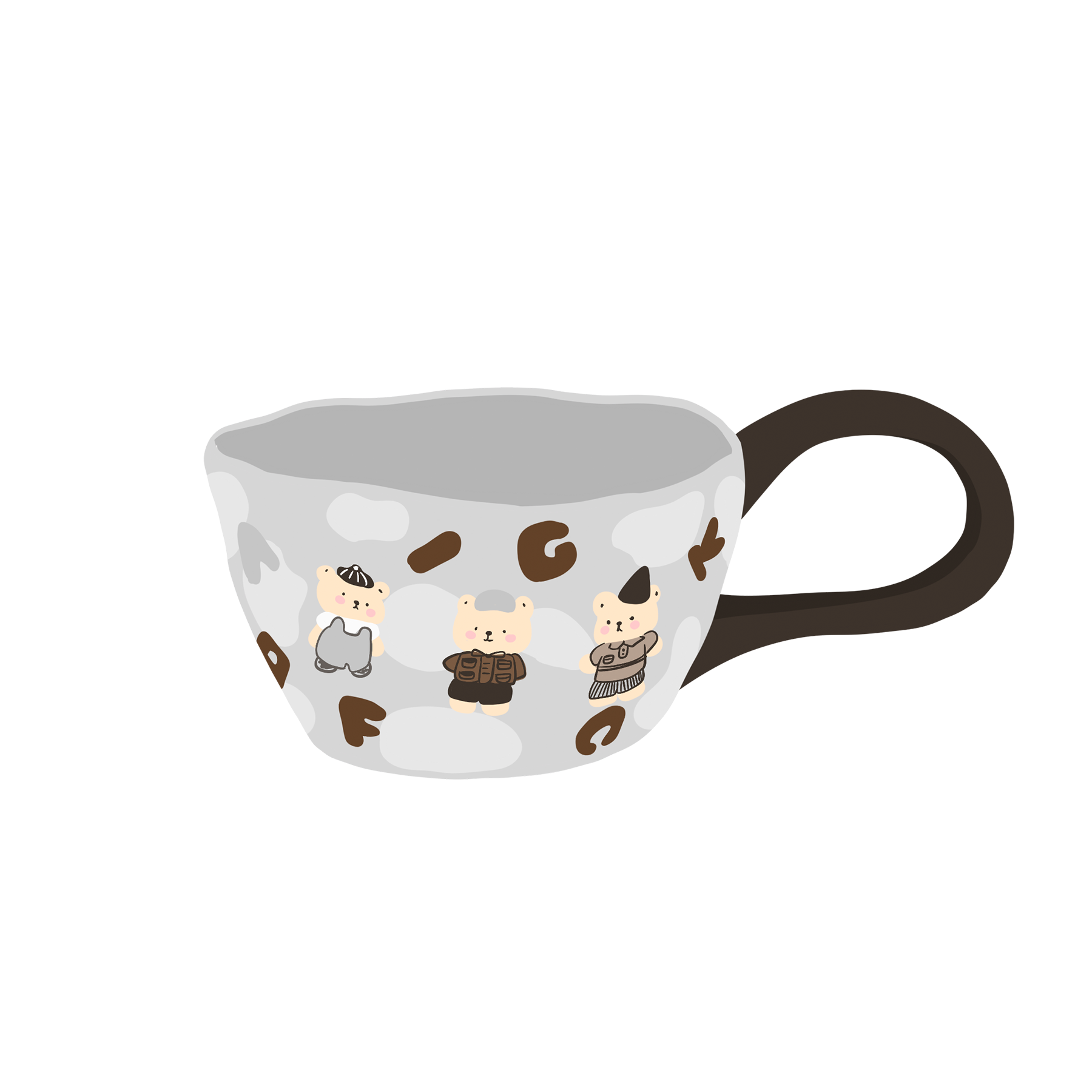 a grey bear and letter patterned ceramic mug with black big loop handle illustration