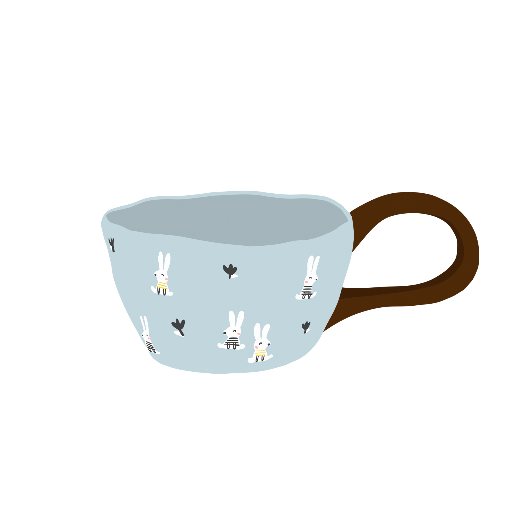 a blue bunny and tulip patterned ceramic mug with brown big loop handle illustration
