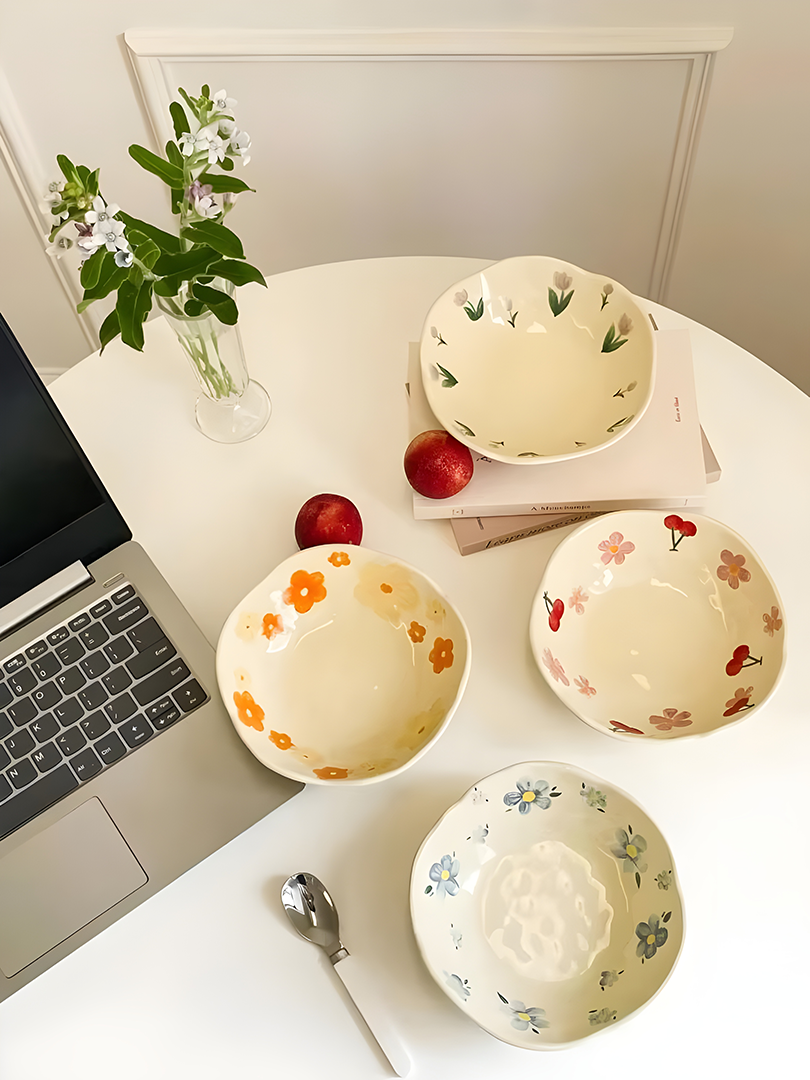 a red cherry pink flower patterened, a purple tulip patterned, a orange flower patterned and a blow flower patterned bowls on a white table, next to them is a glass vase of flowers and a laptop