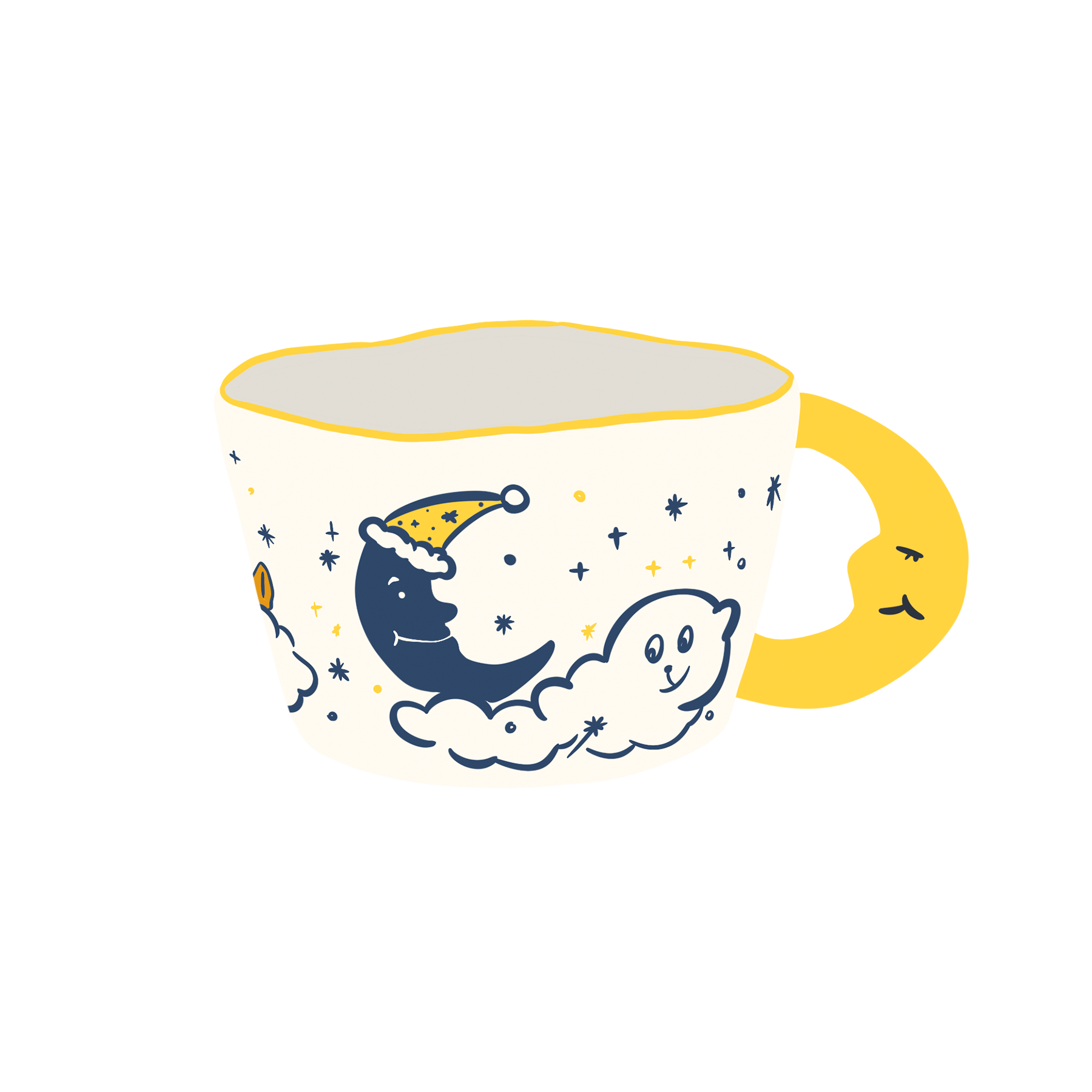 a moon shaped handle cearmic mug with blue moon, cloud, a dog and stars illustration 