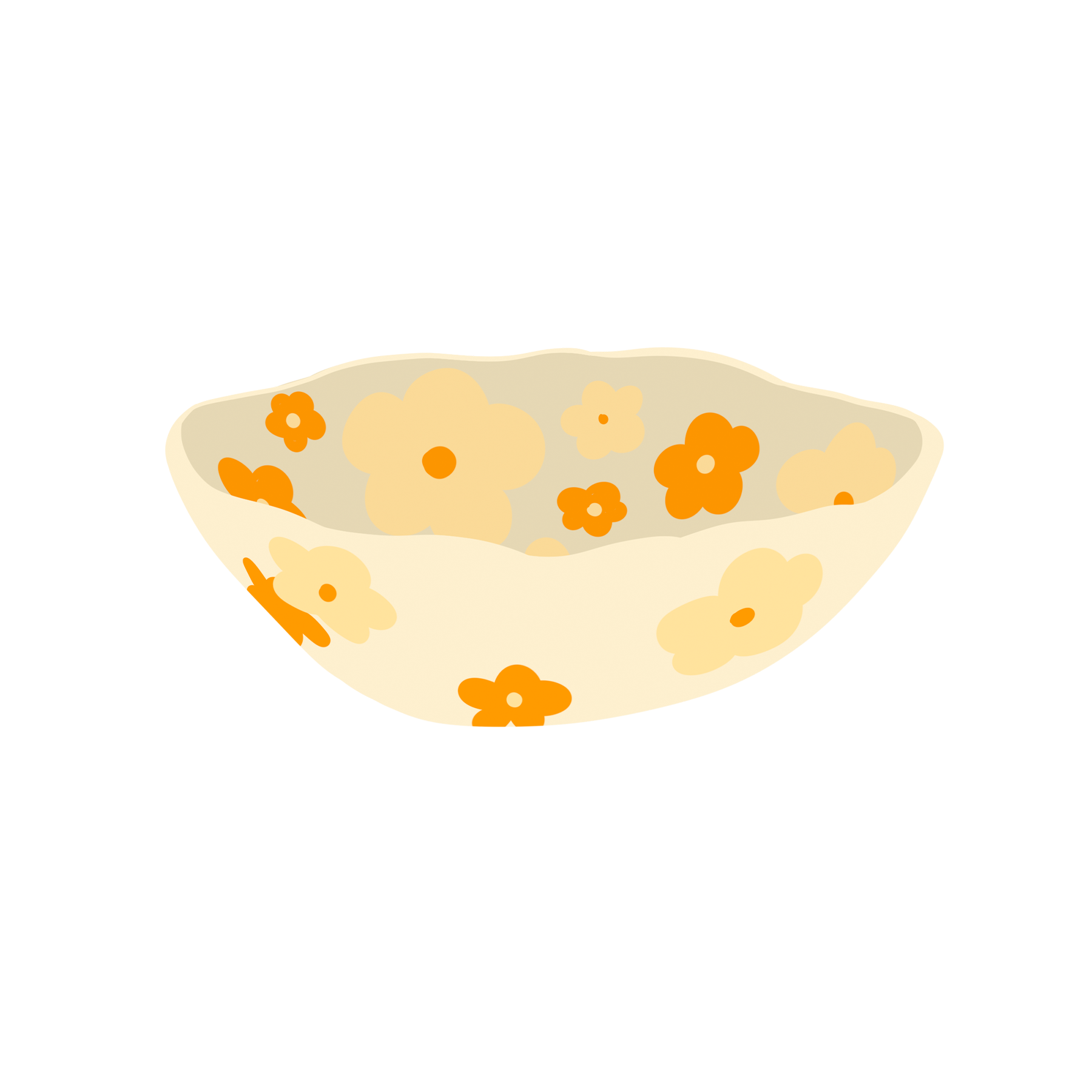 an orange and yellow flower pattern with cream based ceramic bowl illustration