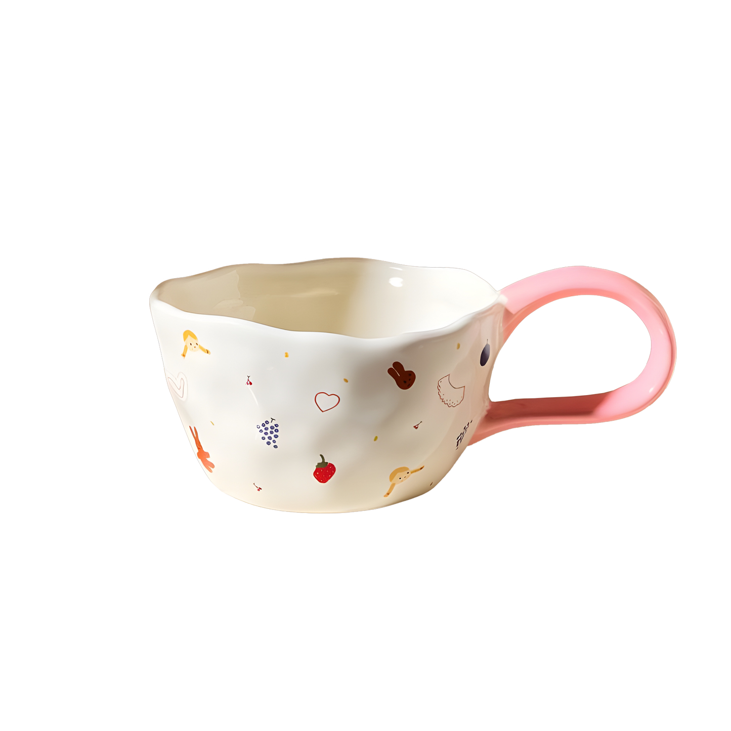 a cream based ceramic mug with little girl, red cherry, heart, strawberry, bunny and grape print, a big loop pink handle product