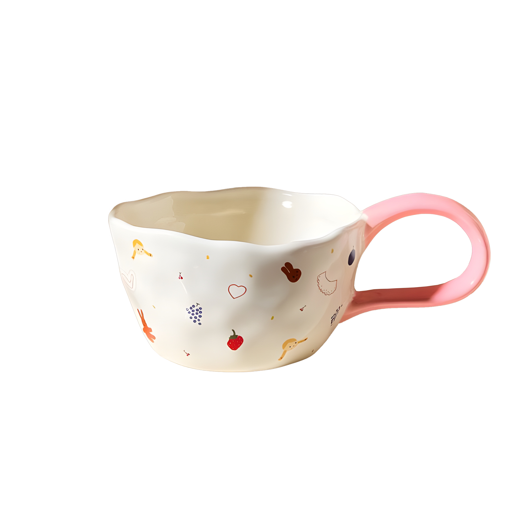 a cream based ceramic mug with little girl, red cherry, heart, strawberry, bunny and grape print, a big loop pink handle product
