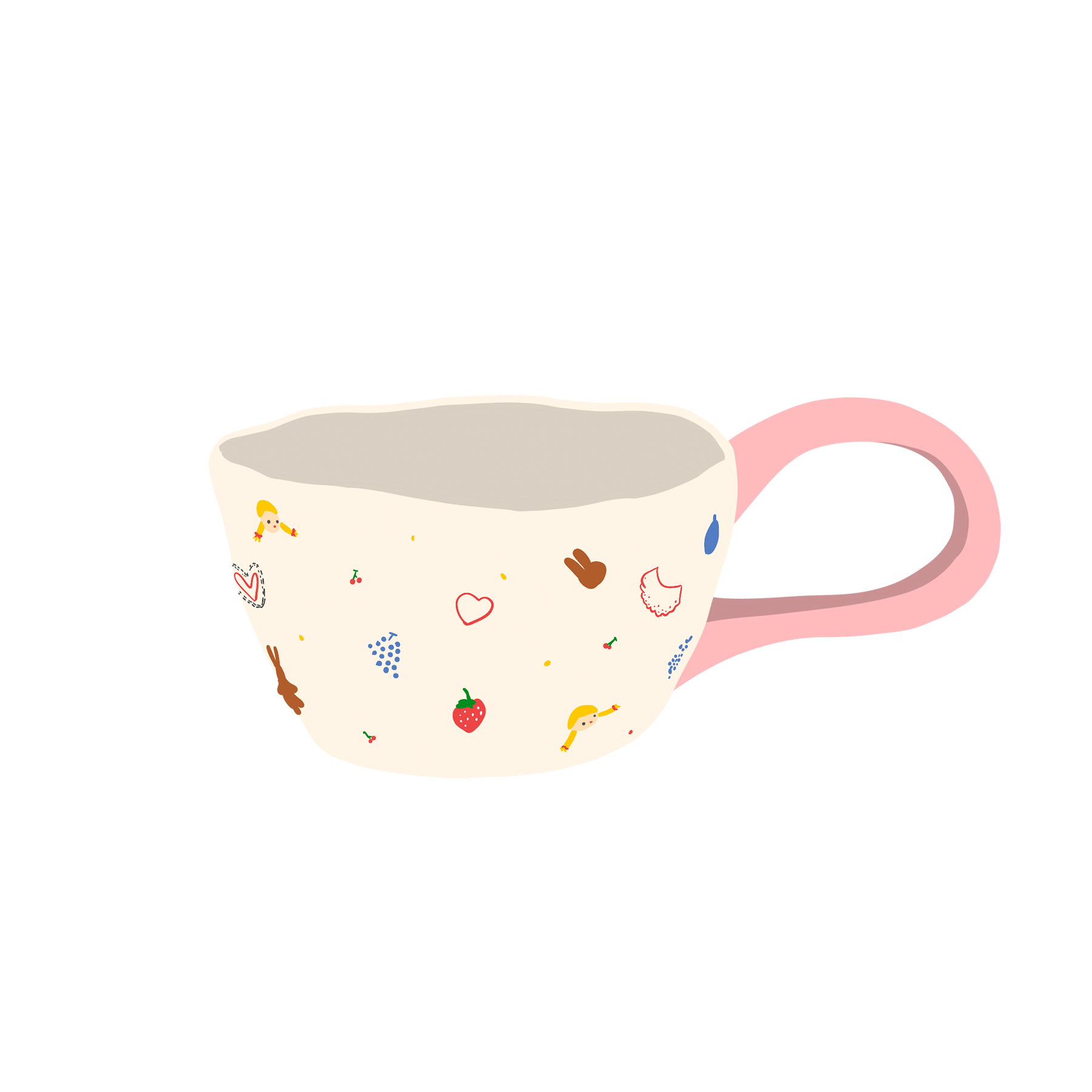 a cream based ceramic mug with little girl, red cherry, heart, strawberry, bunny and grape print, a big loop pink handle illustration