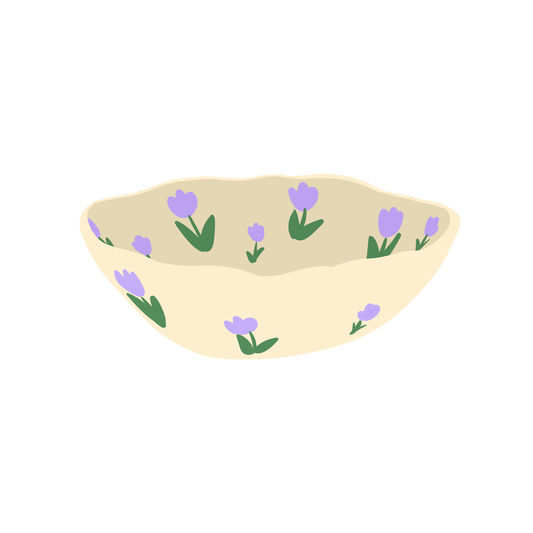 a purple tulip pattern with cream based ceramic bowl illustration