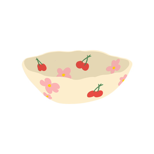red cherry pink flower cream based ceramic bowl illustration
